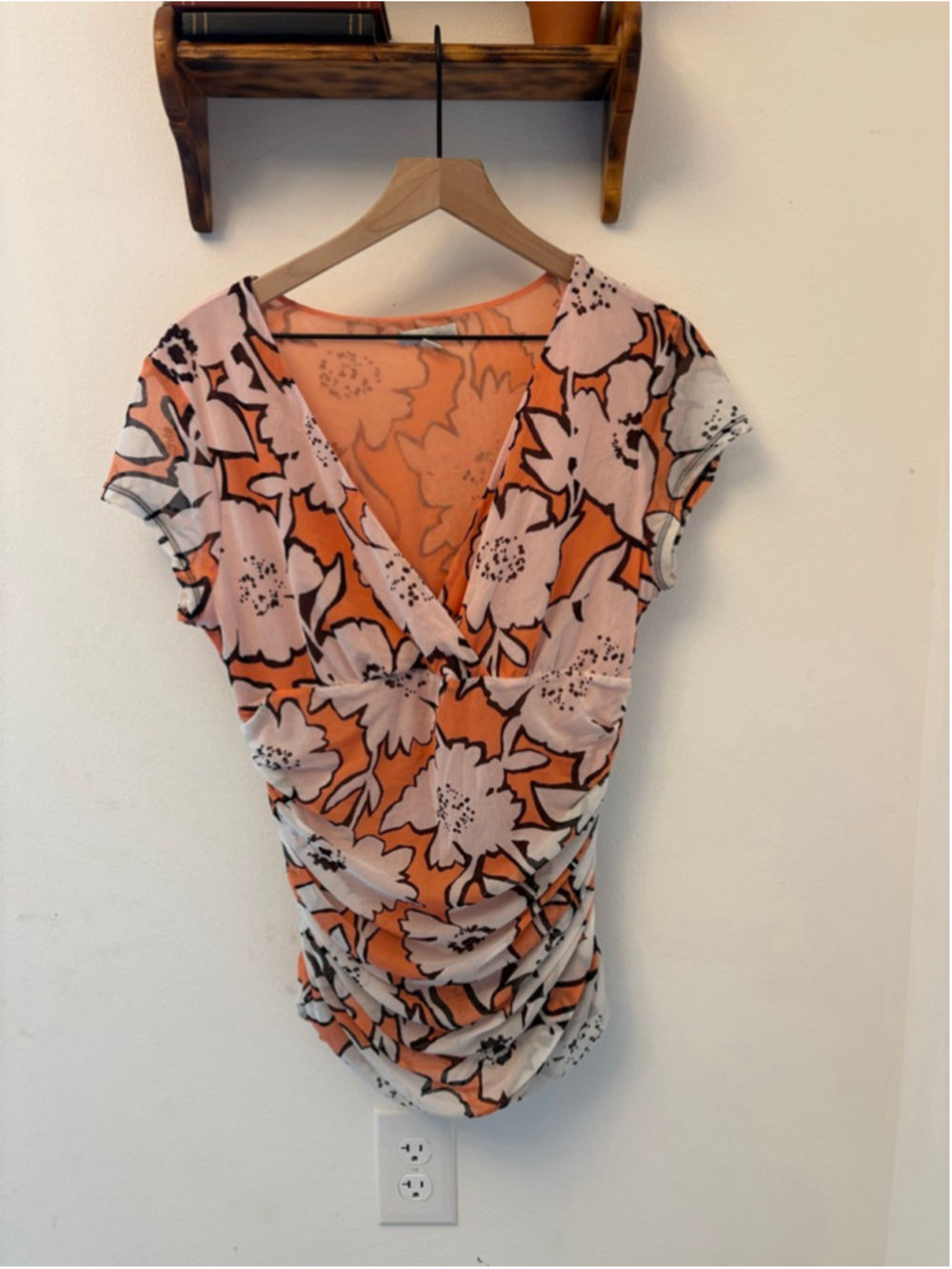 Y2K Vintage New York & Company Mesh Ruched Top Orange Floral Size XL